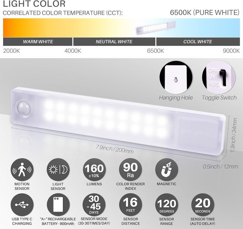 STAR-SPANGLED Under Cabinet Lighting Rechargeable, 8 inch Motion Sensor Lights Indoor Battery Operated, USB Stick on LED Magnetic Closet Light for Counter, Stairs, Kitchen, Cool White, 2 Pack - Image 2